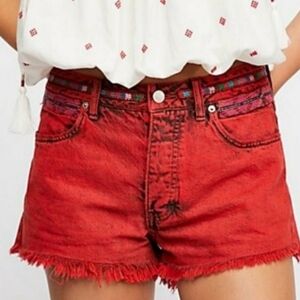 We The Free Sun Break Red Cut Off Fringe Hem Embroidered Shorts